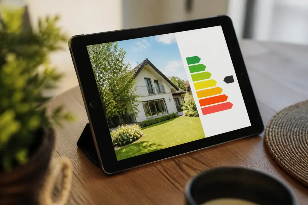 Tablette affichant une annonce immobilière avec étiquette énergie