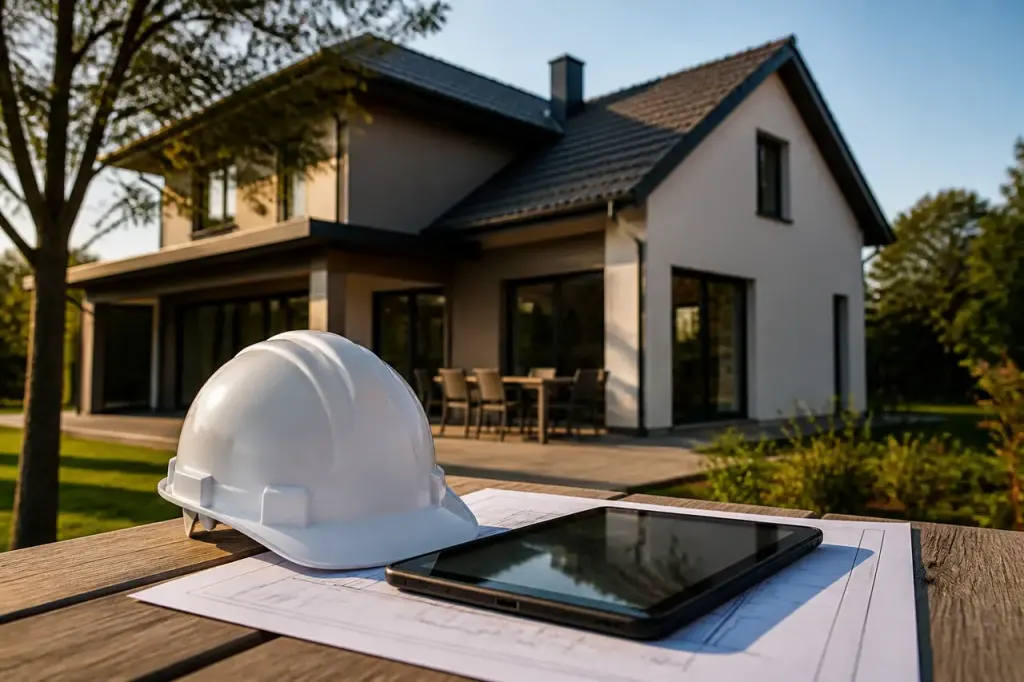 Technicien avec casque et tablette devant une maison individuelle