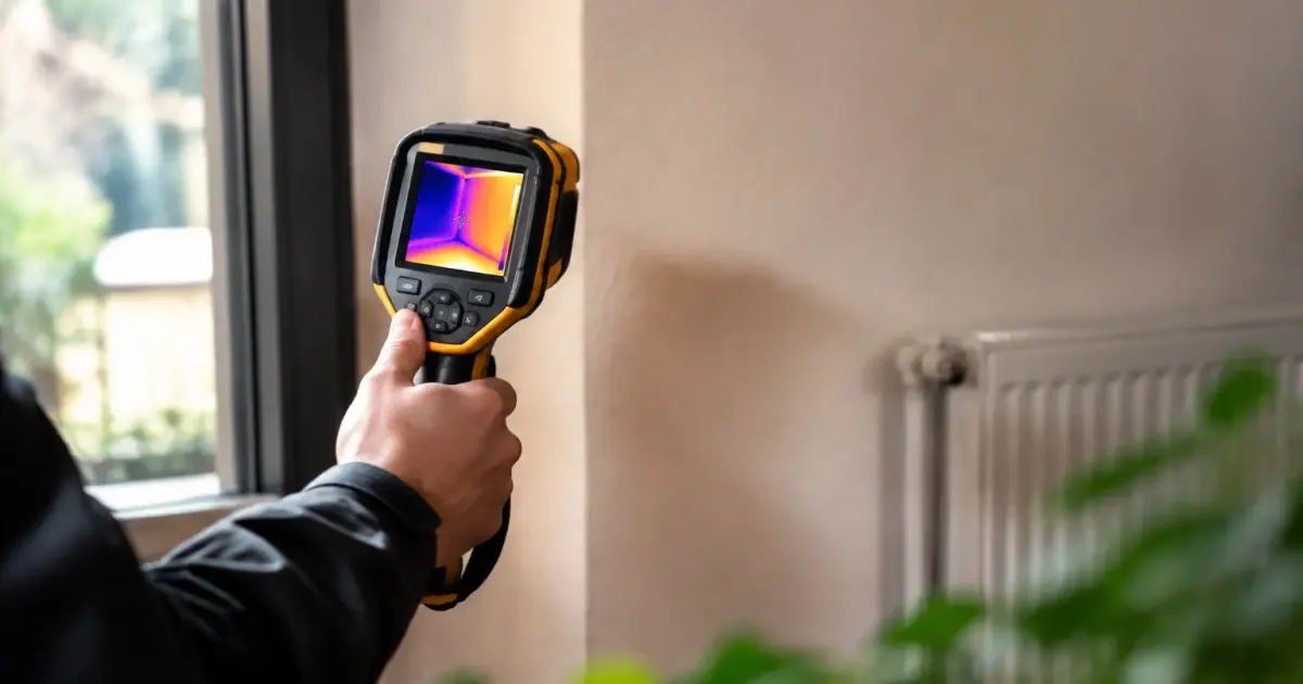 Technicien debout tient une camera thermique devant un mur