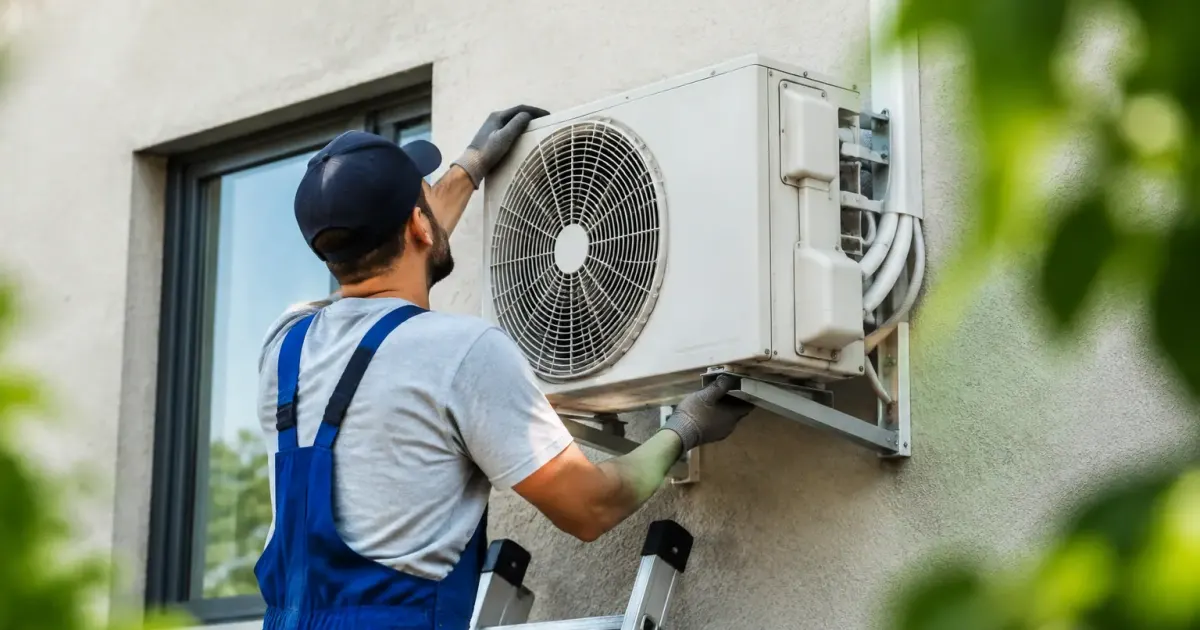 Technicien sur echelle fixe un climatiseur blanc sur facade