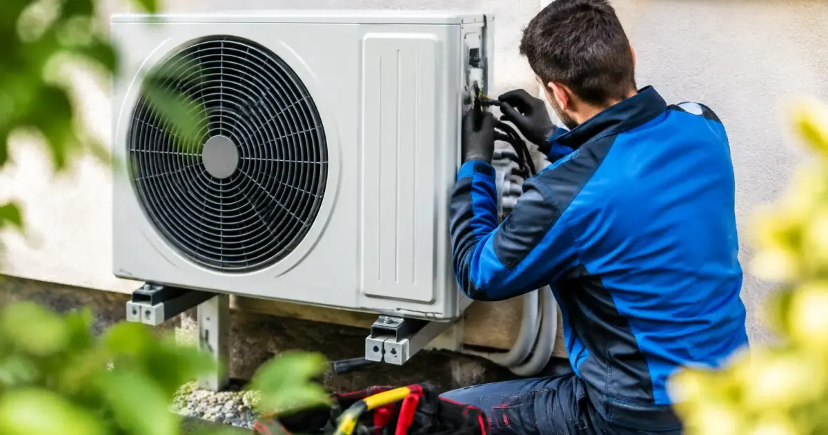 Technicien fixe une pompe a chaleur sur mur exterieur