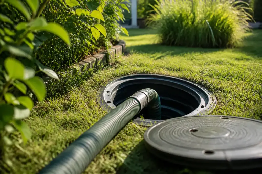 Technicien inspectant une fosse septique dans un jardin ensoleille