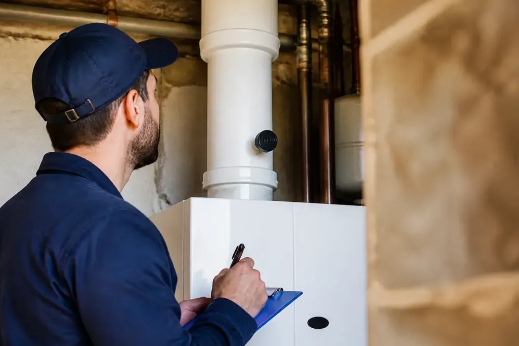 Technicien prenant des notes pres du conduit blanc