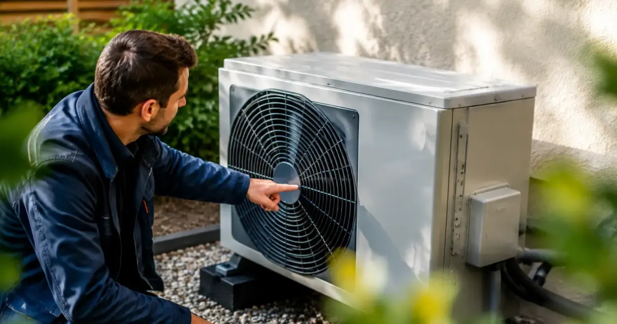 Technicien pointe une pompe a chaleur exterieure
