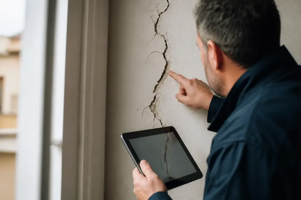 Technicien avec une tablette inspectant un mur fissure