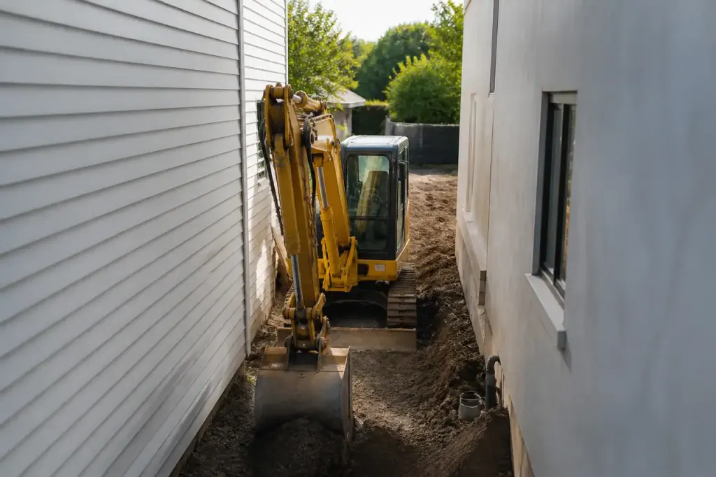 Terrain étroit entre deux immeubles avec pelleteuse jaune