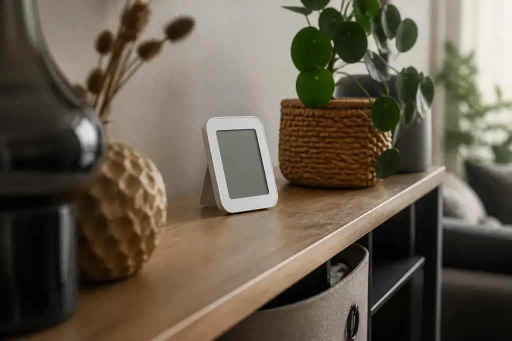 Thermometre numerique pose sur une etagere dans un salon