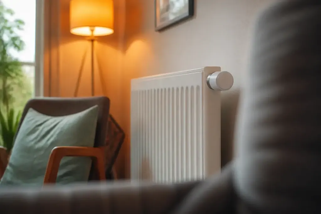 Thermostat connecte pres d'un radiateur basse pression dans un salon