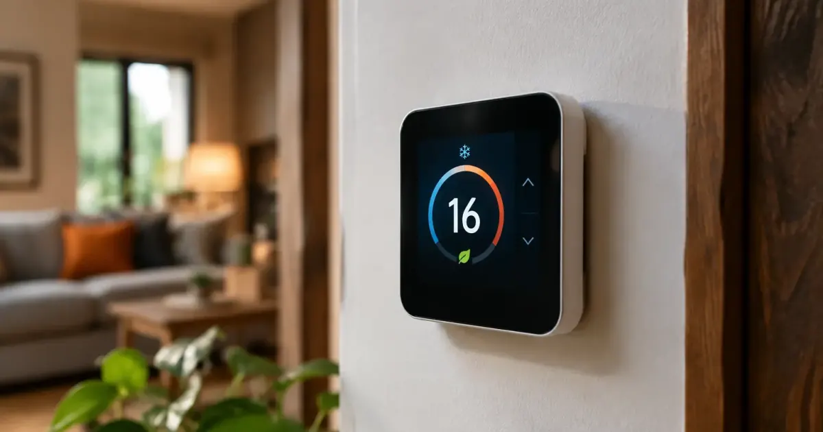 Thermostat mural connecte affiche seize degres sur ecran tactile