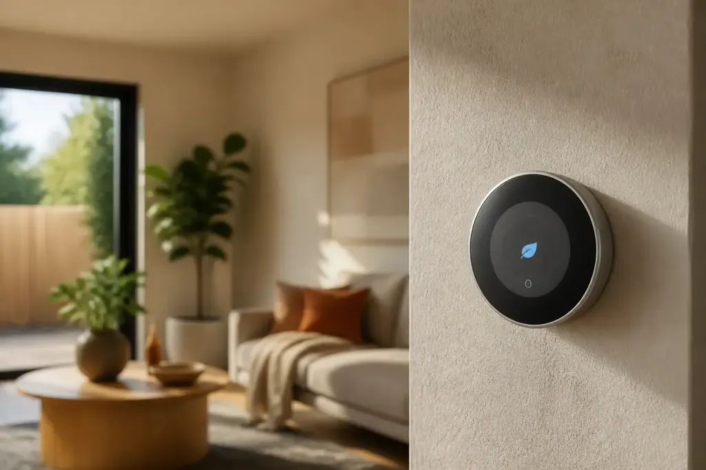 Thermostat mural connecté affiché sur une température douce dans un salon