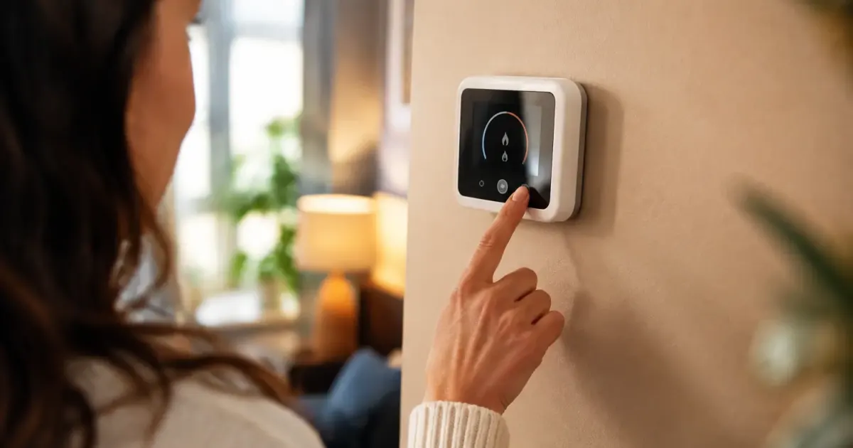 Thermostat numerique mural regle sur un mur beige