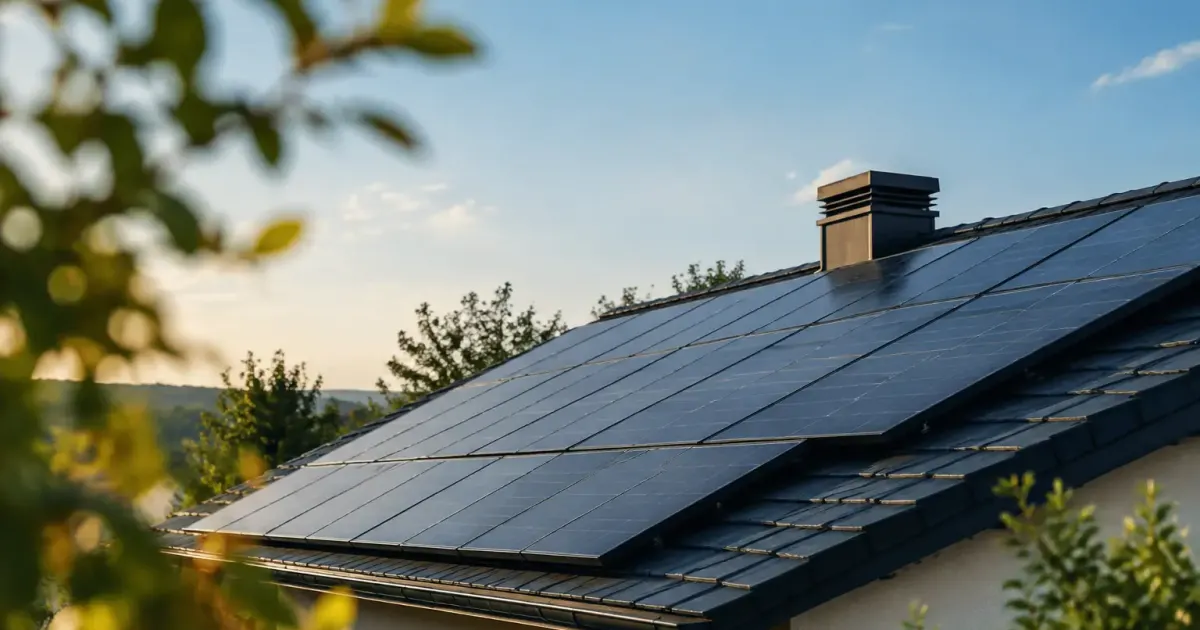 Toit en pente couvert de panneaux solaires noirs alignes