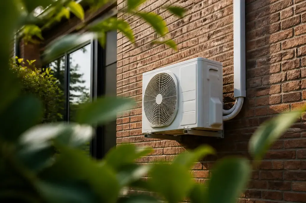 Unite exterieure blanche fixee sur facade en brique
