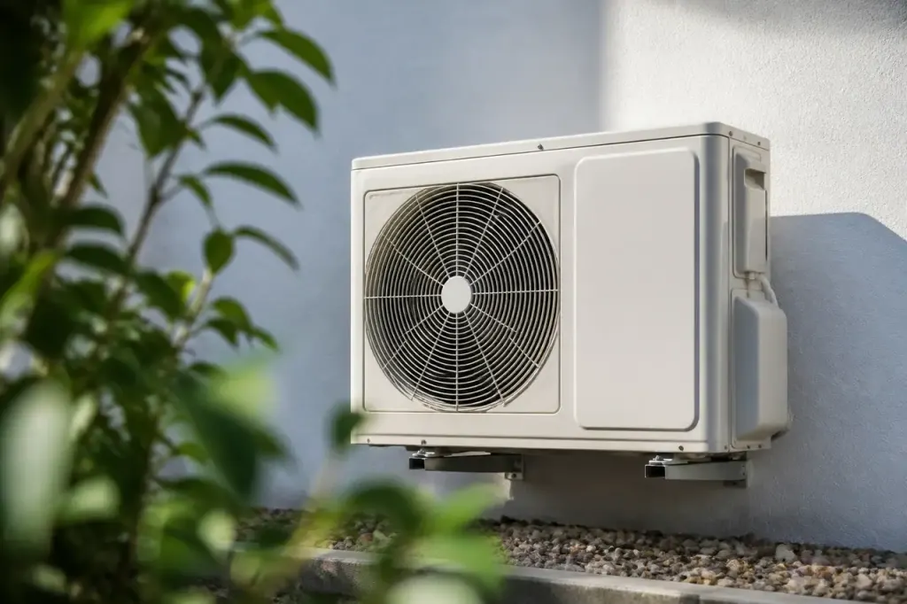 Unite exterieure blanche de pompe a chaleur sur mur