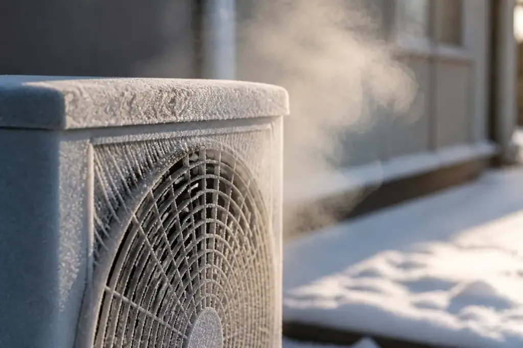 Unite exterieure couverte de givre avec vapeur blanche