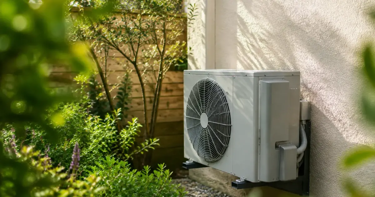 Unite exterieure grise fixee sur mur mitoyen de jardin