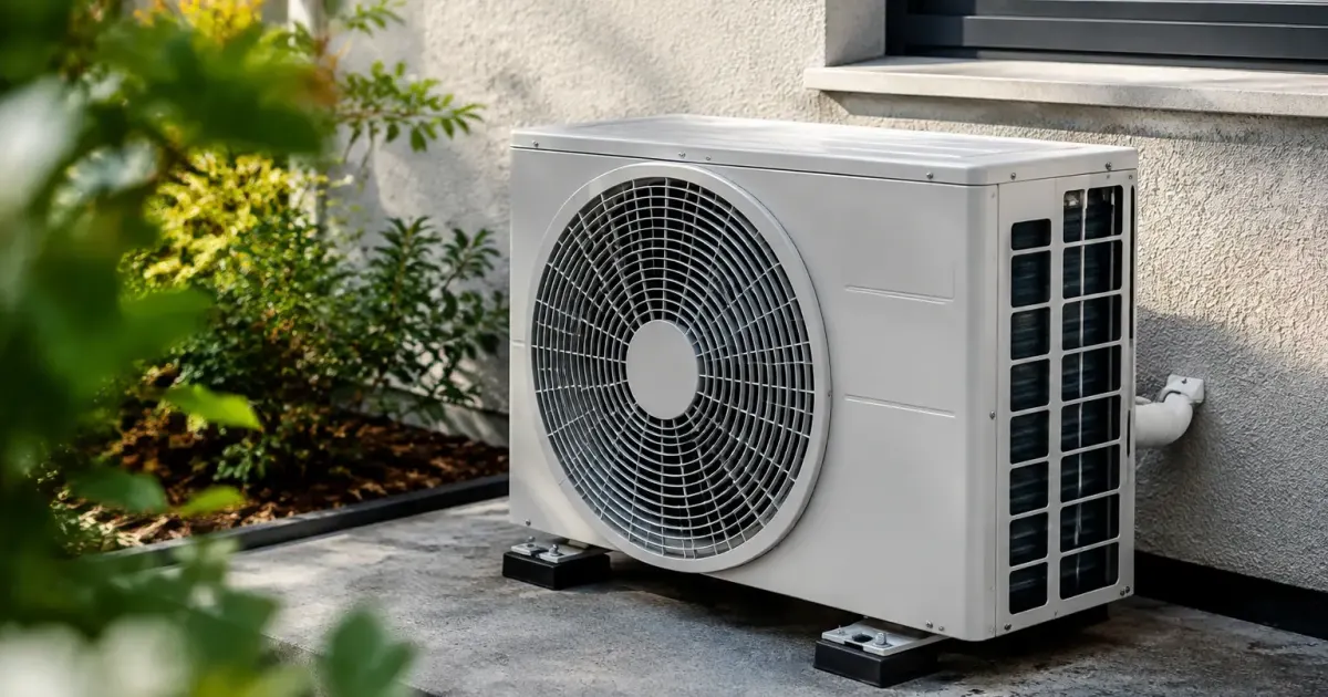 Unite exterieure givree aux ailettes blanches posee sur dalle
