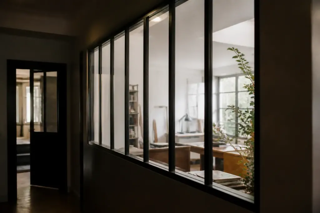 Verriere d'atelier vitree entre couloir sombre et piece lumineuse