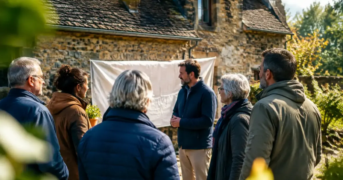 Vieille maison en pierre, voisins rassembles devant une banderole