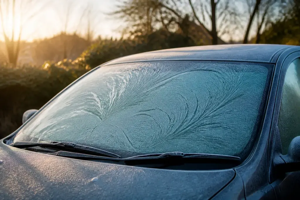 Vitre de voiture couverte de givre ce matin