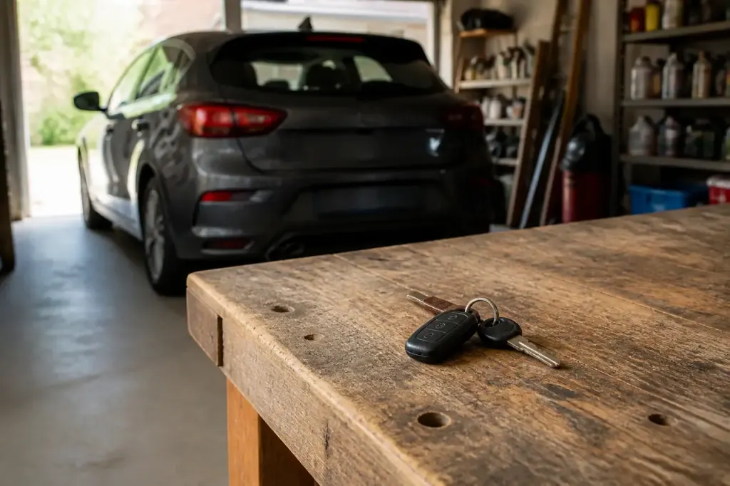 Voiture rangee dans garage avec cles sur etabli