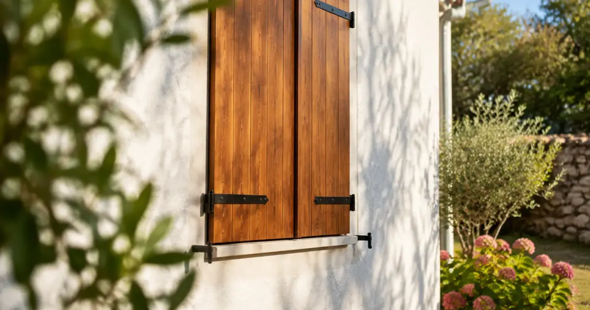 Volets en bois fermes sur facade blanche ensoleillee